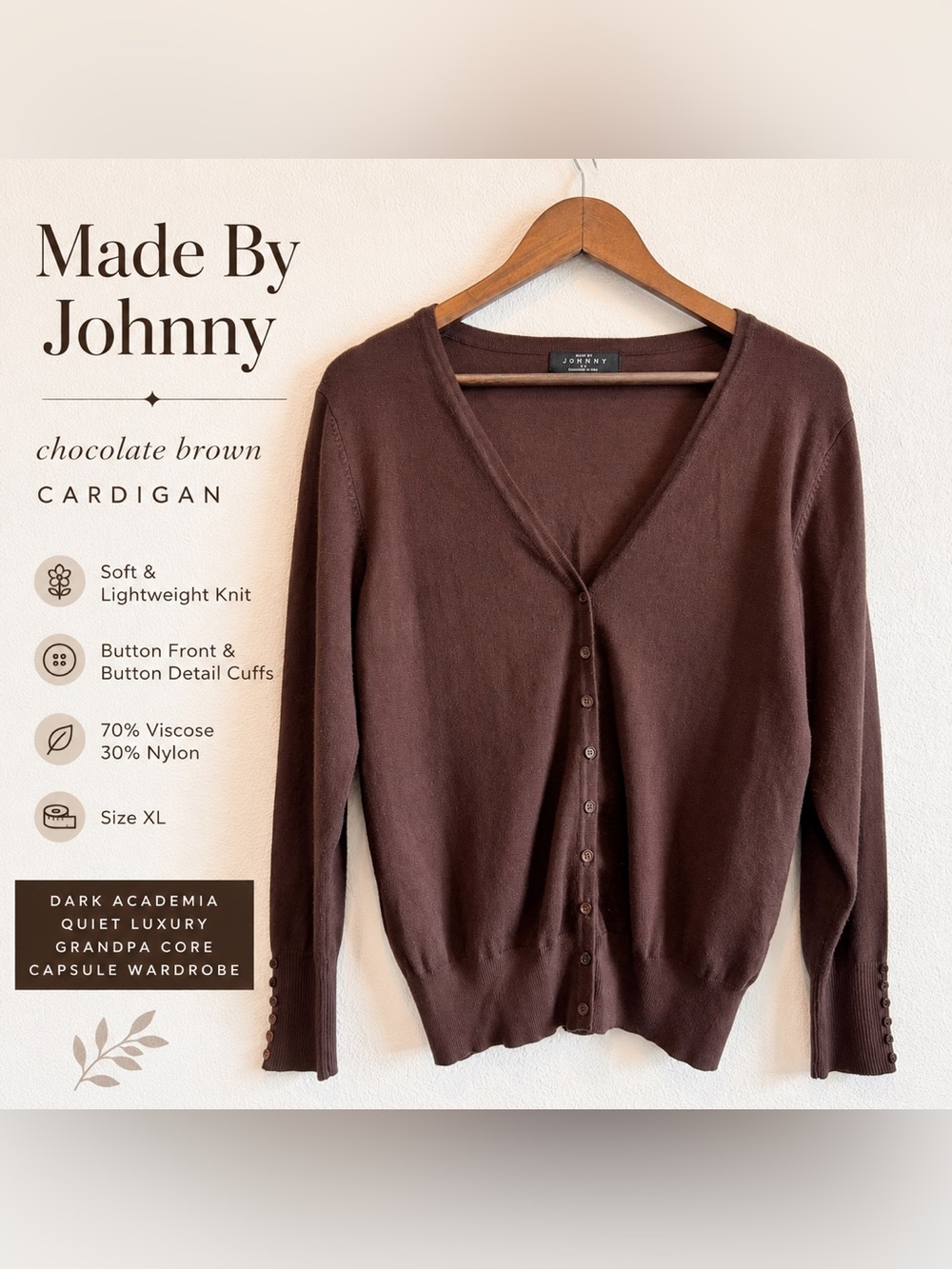 Made By Johnny Dark Academia Quiet Luxury Brown Cardigan Grandpa Core XL F22